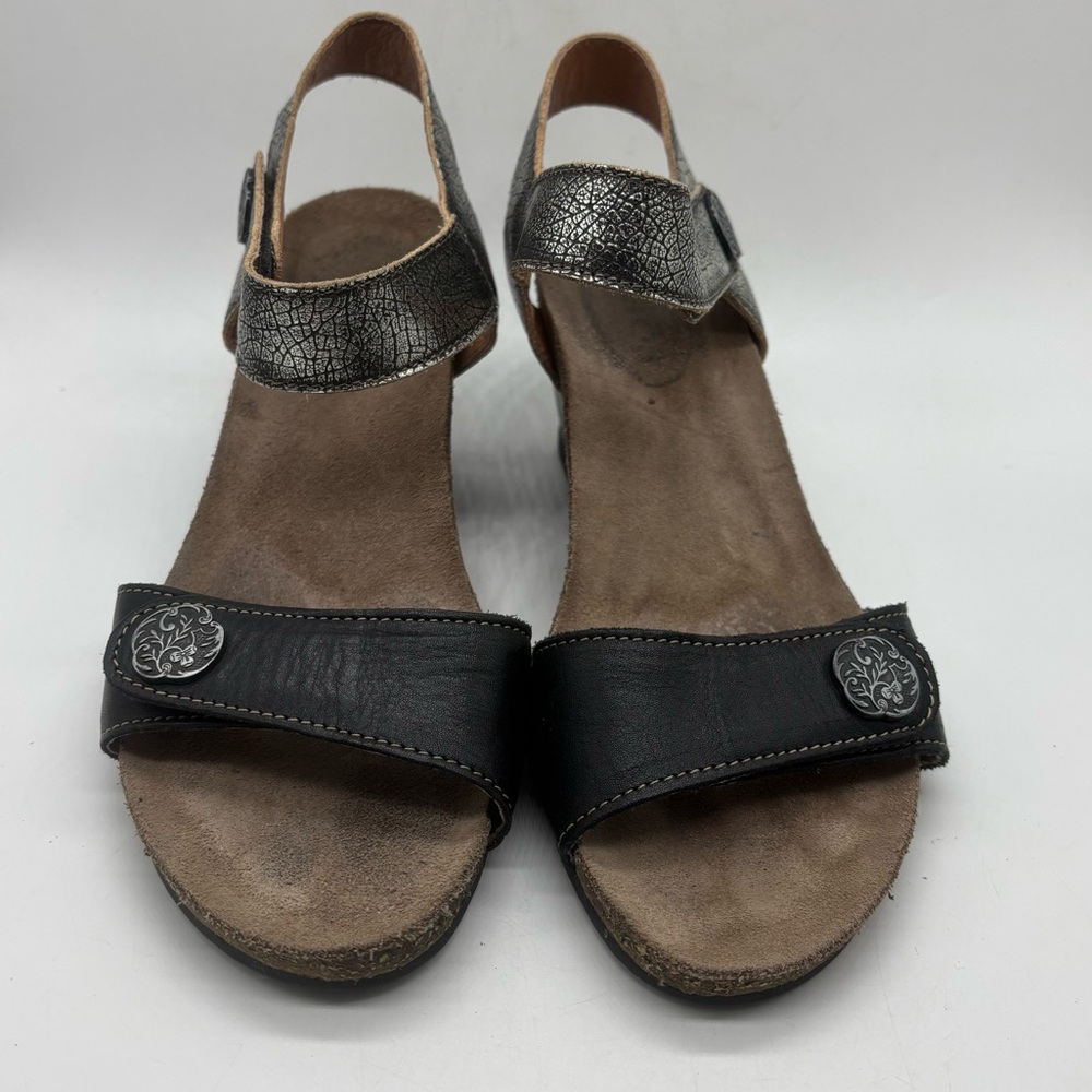 Taos Carousel Wedge Cork Sandal Black Silver Sz EU 37 US 6 Ankle Strap Comfort - Picture 3 of 9